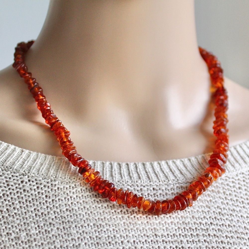 Vintage Baltic Amber Beaded Necklace Nugget Shape Beads Honey Cognac Color